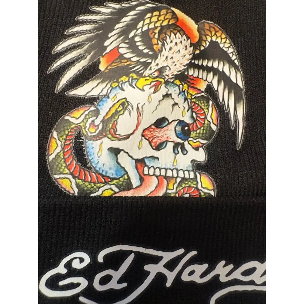 Ed Hardy rare sample winter beanie hat, Black with tattoo style skull, NWT